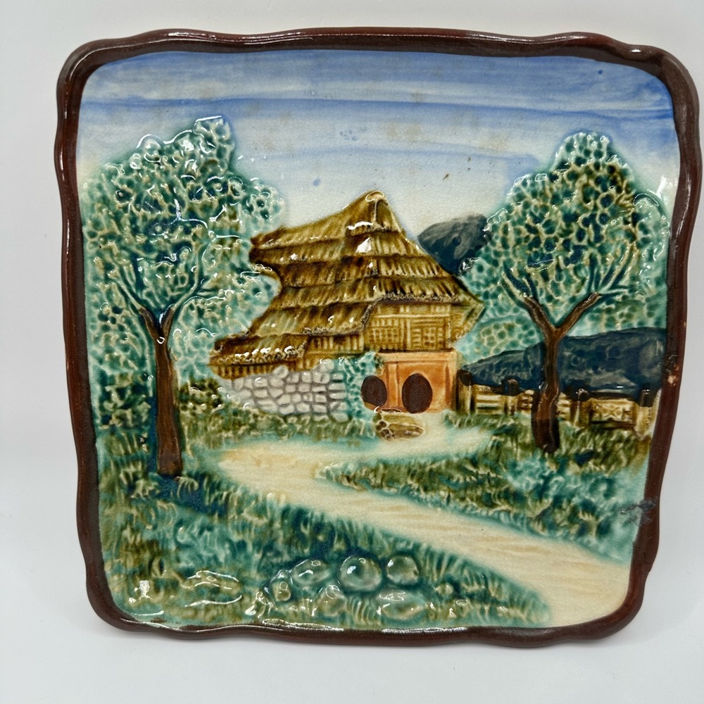 Vintage Embossed Black Forest Mountain Chalet West Germany Majolica Plaque Plate